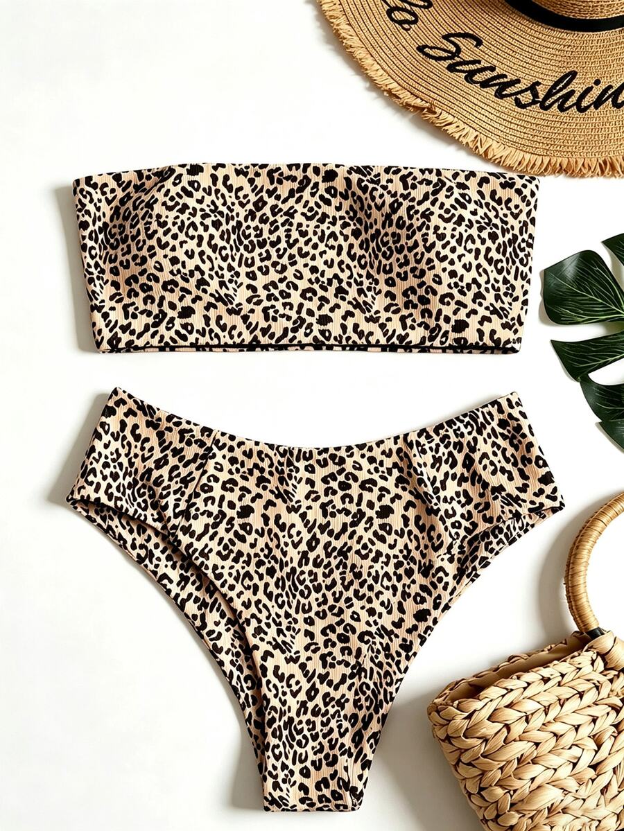 SHEIN Swim 夏季海灘豹紋抹胸高腰比基尼套裝 - 彩色 - 查看 1