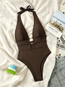 SHEIN Swim Springbreak Women's Black Deep V Halter Sexy One-Piece Swimsuit Festival Boho - Coffee Brown - View 5