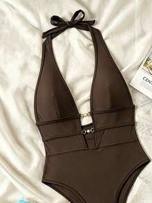 SHEIN Swim Springbreak Women's Black Deep V Halter Sexy One-Piece Swimsuit Festival Boho - Coffee Brown - View 4
