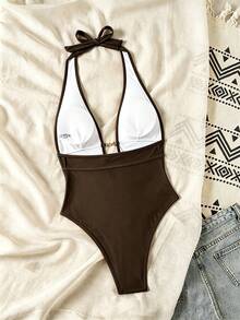SHEIN Swim Springbreak Women's Black Deep V Halter Sexy One-Piece Swimsuit Festival Boho - Coffee Brown - View 2