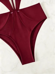 SHEIN Swim 女士纯色吊带连体泳衣，适合海滩度假、泳池派对、沙滩派对 - 酒紅色 - 查看 4