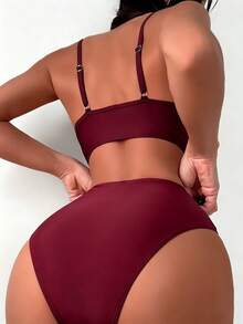 SHEIN Swim 女士纯色吊带连体泳衣，适合海滩度假、泳池派对、沙滩派对 - 酒紅色 - 查看 7