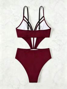 SHEIN Swim 女士纯色吊带连体泳衣，适合海滩度假、泳池派对、沙滩派对 - 酒紅色 - 查看 3