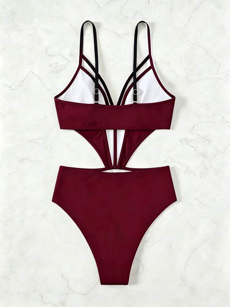 SHEIN Swim Women Burgundy Summer Cute One-Piece Swimsuit,Strappy Cutout Mesh Monokini With Deep V Neck For Beach Holiday,Holiday,Pool Party & Tropical Vacation - Burgundy - View 2