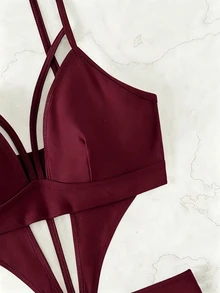 SHEIN Swim 女士纯色吊带连体泳衣，适合海滩度假、泳池派对、沙滩派对 - 酒紅色 - 查看 6