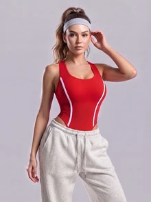 SHEIN Sports Jumpsuit Olahraga One-Piece Musim Panas Tanpa Punggung dan Tanpa Lengan untuk Gym dan Workout, Motif Garis Merah Putih, Gaya Sporty Atletik - Merah - View 6