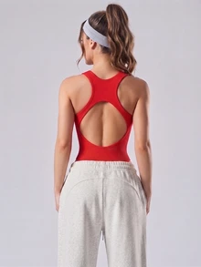 SHEIN Sports Jumpsuit Olahraga One-Piece Musim Panas Tanpa Punggung dan Tanpa Lengan untuk Gym dan Workout, Motif Garis Merah Putih, Gaya Sporty Atletik - Merah - View 4