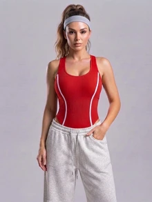 SHEIN Sports Jumpsuit Olahraga One-Piece Musim Panas Tanpa Punggung dan Tanpa Lengan untuk Gym dan Workout, Motif Garis Merah Putih, Gaya Sporty Atletik - Merah - View 3