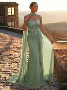 Glamrae Elegant Luxurious Beaded Sequin Bubble Bead Patchwork Elastic Knit Mesh Ruched Ruffle Split Mermaid Dress With Halter Neck, Suitable For Wedding, Party, Bachelorette Party, Vacation, Prom, Evening Gala - Green - View 6