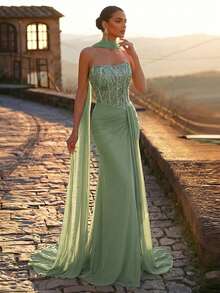 Glamrae Elegant Luxurious Beaded Sequin Bubble Bead Patchwork Elastic Knit Mesh Ruched Ruffle Split Mermaid Dress With Halter Neck, Suitable For Wedding, Party, Bachelorette Party, Vacation, Prom, Evening Gala - Green - View 8