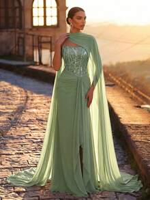 Glamrae Elegant Luxurious Beaded Sequin Bubble Bead Patchwork Elastic Knit Mesh Ruched Ruffle Split Mermaid Dress With Halter Neck, Suitable For Wedding, Party, Bachelorette Party, Vacation, Prom, Evening Gala - Green - View 9