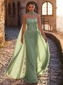 Glamrae Elegant Luxurious Beaded Sequin Bubble Bead Patchwork Elastic Knit Mesh Ruched Ruffle Split Mermaid Dress With Halter Neck, Suitable For Wedding, Party, Bachelorette Party, Vacation, Prom, Evening Gala - Green - View 4