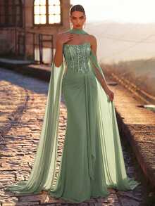 Glamrae Elegant Luxurious Beaded Sequin Bubble Bead Patchwork Elastic Knit Mesh Ruched Ruffle Split Mermaid Dress With Halter Neck, Suitable For Wedding, Party, Bachelorette Party, Vacation, Prom, Evening Gala - Green - View 7