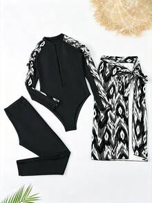SHEIN Swim Women's One-Piece Burkini Patchwork And Random Print, Non-Wired, Copyrighted, With Pants And Printed Cover Up Summer Arabic Clothing - Multicolor - View 8