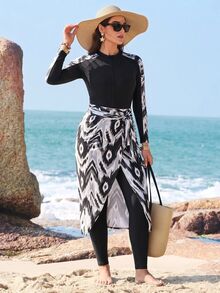 SHEIN Swim Women's One-Piece Burkini Patchwork And Random Print, Non-Wired, Copyrighted, With Pants And Printed Cover Up Summer Arabic Clothing - Multicolor - View 2