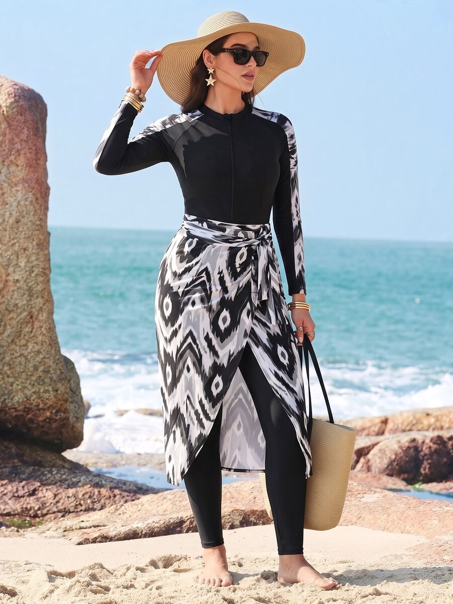 SHEIN Swim Women's One-Piece Burkini Patchwork And Random Print, Non-Wired, Copyrighted, With Pants And Printed Cover Up Summer Arabic Clothing