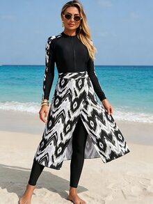 SHEIN Swim Women's One-Piece Burkini Patchwork And Random Print, Non-Wired, Copyrighted, With Pants And Printed Cover Up Summer Arabic Clothing - Multicolor - View 7