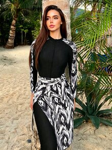 SHEIN Swim Women's One-Piece Burkini Patchwork And Random Print, Non-Wired, Copyrighted, With Pants And Printed Cover Up Summer Arabic Clothing - Multicolor - View 4