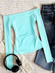 SHEIN Sparklyn Teen Girl Solid Color Off-Shoulder Long Sleeve Casual Versatile T-Shirt - Blue - View 2