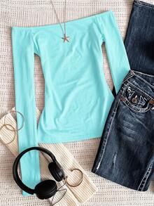 SHEIN Sparklyn Teen Girl Solid Color Off-Shoulder Long Sleeve Casual Versatile T-Shirt - Blue - View 7