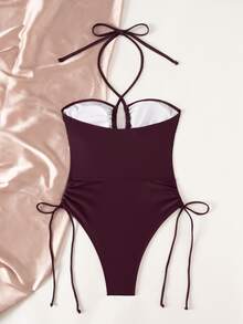 SHEIN Swim Glossy Purple Drawstring Halter Hollow Circle Decor Casual Backless One-Piece Swimsuit For Women Beach Vacation Summer - Burgundy - View 3