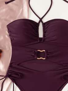 SHEIN Swim Glossy Purple Drawstring Halter Hollow Circle Decor Casual Backless One-Piece Swimsuit For Women Beach Vacation Summer - Burgundy - View 4