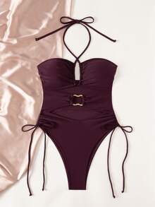 SHEIN Swim Glossy Purple Drawstring Halter Hollow Circle Decor Casual Backless One-Piece Swimsuit For Women Beach Vacation Summer - Burgundy - View 5