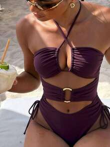 SHEIN Swim Glossy Purple Drawstring Halter Hollow Circle Decor Casual Backless One-Piece Swimsuit For Women Beach Vacation Summer - Burgundy - View 2