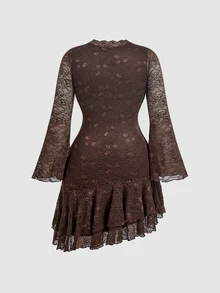 SHEIN MOD Plus Size Women's Elegant Asymmetrical Ruffle Lace Long Bell Sleeve Mini Fitted Dress, Spring/Autumn - Brown - View 2