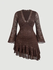 SHEIN MOD Plus Size Women's Elegant Asymmetrical Ruffle Lace Long Bell Sleeve Mini Fitted Dress, Spring/Autumn - Brown - View 3
