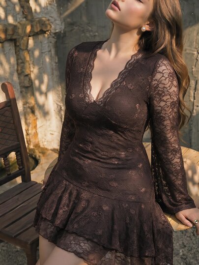 SHEIN MOD Plus Size Women's Elegant Asymmetrical Ruffle Lace Long Bell Sleeve Mini Fitted Dress, Spring/Autumn