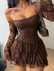 Coolane 女款春季街頭風嬉皮波西米亞海灘度假裝 春假穿搭仙女風長袖露肩白色蕾絲迷你荷葉邊洋裝 - 咖啡棕 - 查看 4
