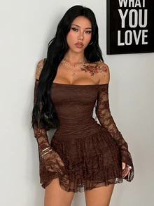 Coolane 女款春季街頭風嬉皮波西米亞海灘度假裝 春假穿搭仙女風長袖露肩白色蕾絲迷你荷葉邊洋裝 - 咖啡棕 - 查看 6