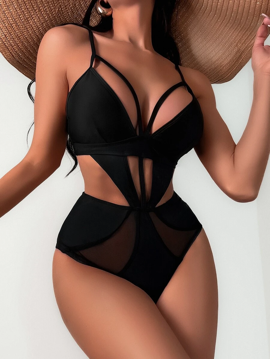 Swim SXY Summer Beach Cut Out Harness One Piece Swimsuit - Black - View 1