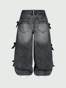 SHEIN Young Girl Distressed Vintage Fashion Wide Leg Jeans With 3D Bow, Versatile All Season Casual Jeans Autumn Fall - Light Grey - View 3