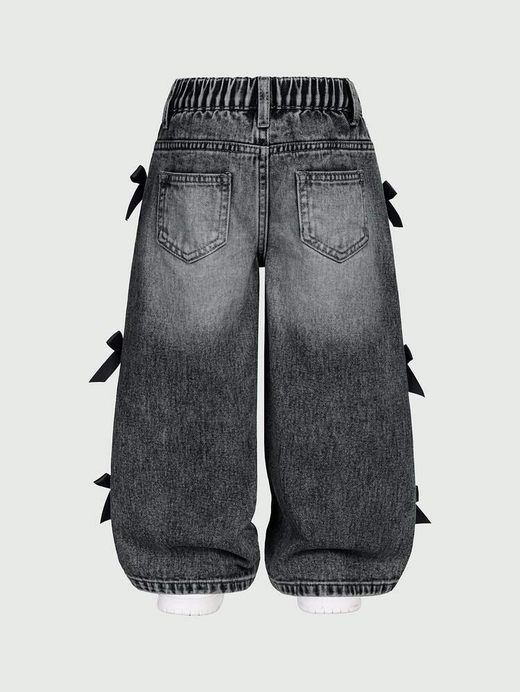 Elladie kids Young Girl Distressed Vintage Fashion Wide Leg Jeans With 3D Bow, Versatile All Season Casual Jeans Autumn Fall - Light Grey - View 2