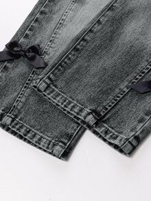 SHEIN Young Girl Distressed Vintage Fashion Wide Leg Jeans With 3D Bow, Versatile All Season Casual Jeans Autumn Fall - Light Grey - View 8