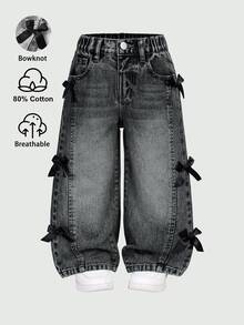 SHEIN Young Girl Distressed Vintage Fashion Wide Leg Jeans With 3D Bow, Versatile All Season Casual Jeans Autumn Fall - Light Grey - View 2