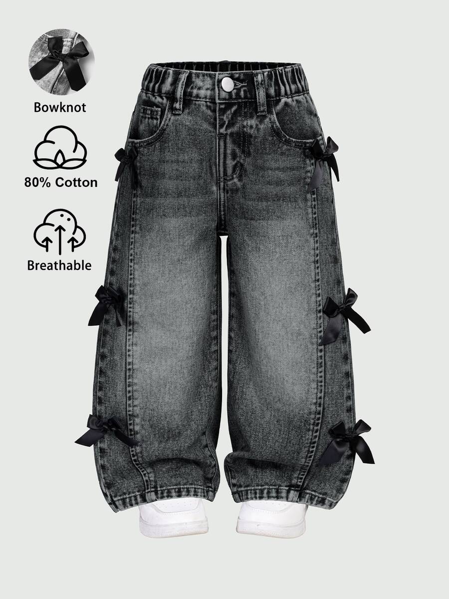 SHEIN Young Girl Distressed Vintage Fashion Wide Leg Jeans With 3D Bow, Versatile All Season Casual Jeans Autumn Fall