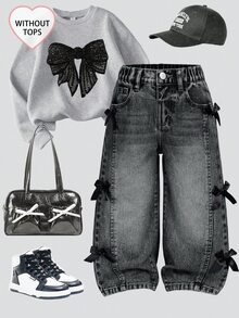 SHEIN Young Girl Distressed Vintage Fashion Wide Leg Jeans With 3D Bow, Versatile All Season Casual Jeans Autumn Fall - Light Grey - View 4