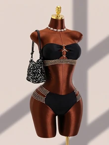 Swim Lushoire Summer Beach Stitch Detail Ring Linked Bandeau Bikini - Black - View 5