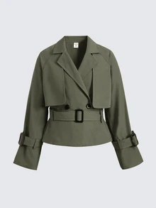 SHEIN 兒童青少年女孩寬鬆休閒收腰優雅短版時尚風衣，適合秋冬 - 綠色 - 查看 2