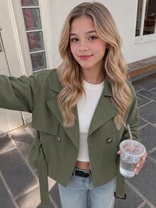 SHEIN 兒童青少年女孩寬鬆休閒收腰優雅短版時尚風衣，適合秋冬 - 綠色 - 查看 1