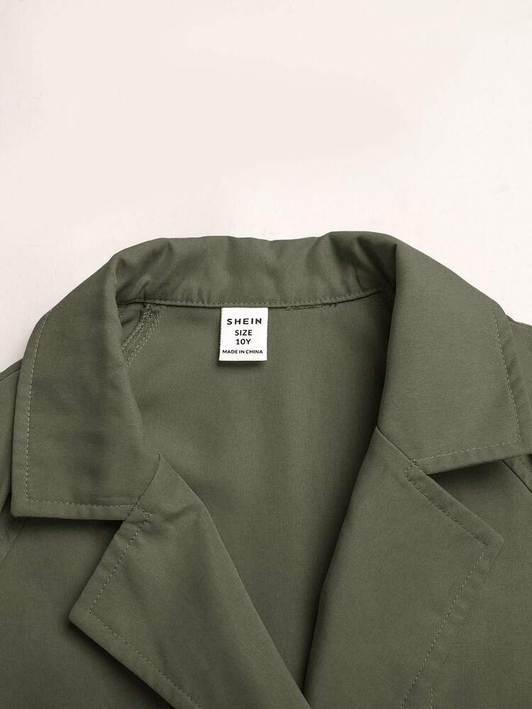 SHEIN Kids Tween Girls Loose Casual Waisted Elegant Short-Cut Fashion Trench Coat, For Autumn/Winter - Green - View 4