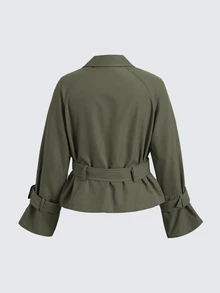 SHEIN 兒童青少年女孩寬鬆休閒收腰優雅短版時尚風衣，適合秋冬 - 綠色 - 查看 3