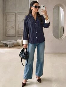 Rue Lumi Women's Striped Colorblock Loose Commuter Striped Shirt - Multicolor - View 5