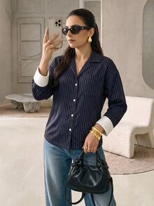 Rue Lumi Women's Striped Colorblock Loose Commuter Striped Shirt - Multicolor - View 6