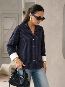 Rue Lumi Women's Striped Colorblock Loose Commuter Striped Shirt - Multicolor - View 7