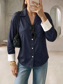 Rue Lumi Women's Striped Colorblock Loose Commuter Striped Shirt - Multicolor - View 3