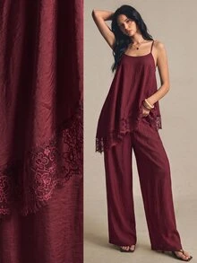 Poéselle Setelan 2 Potong Wanita Musim Panas Elegan dengan Atasan Camisole dan Celana Panjang Berenda Motif Patchwork - Burgundy - View 5